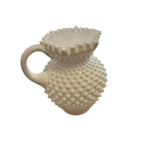 Vintage Hobnail White Milk Glass Ruffle Edge Pitcher with Handle