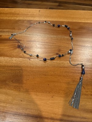 White House Black Market Necklace Silver Tone Lariat Tassel Pendant Lapis Beads