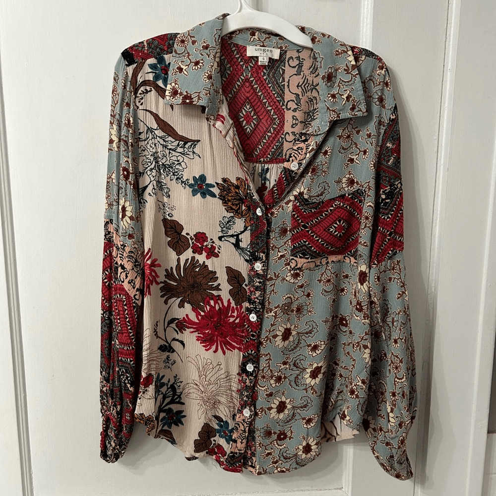 Umgee Multicolor Patchwork Button-Down Blouse - image 1