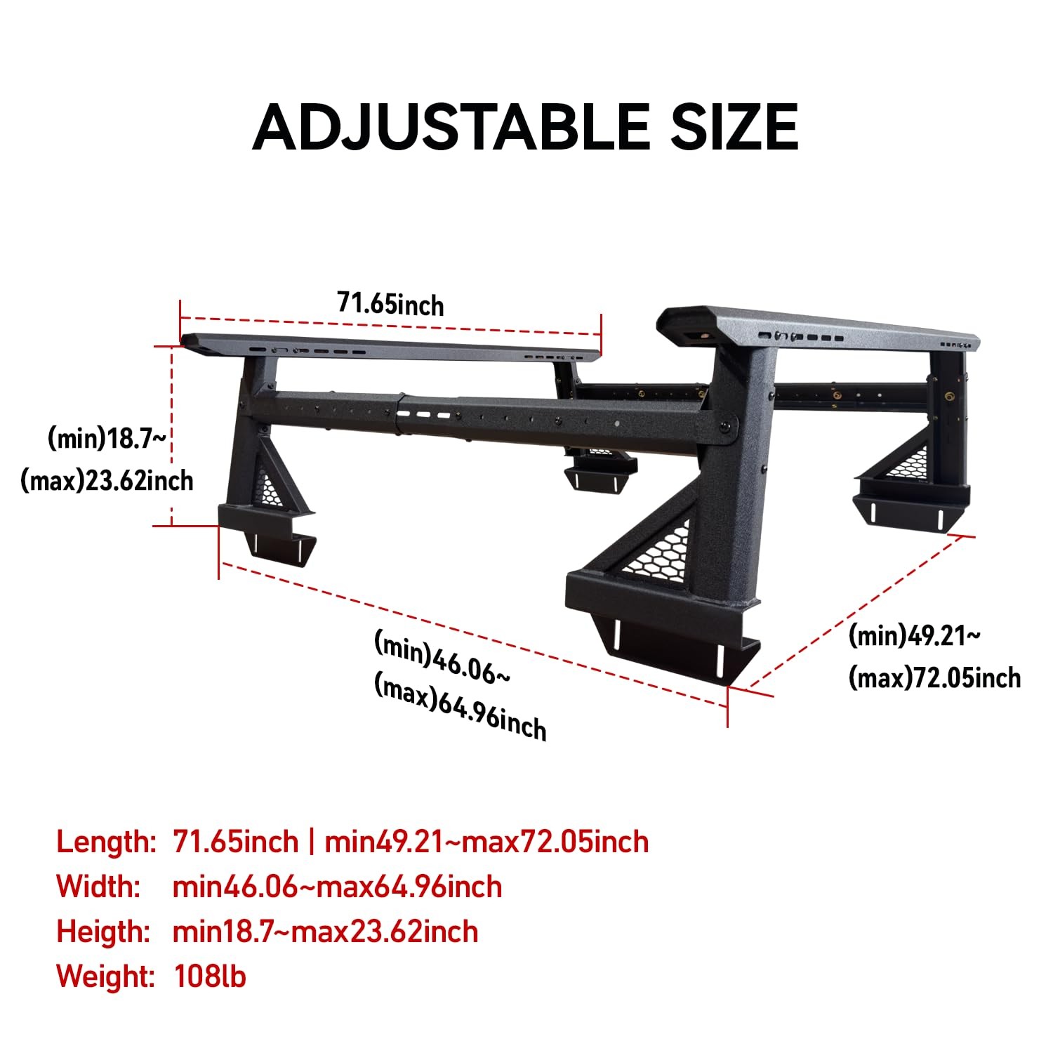 Universal Heavy Duty fruck Bed Rack - Adjustable Height Extendable Aluminum