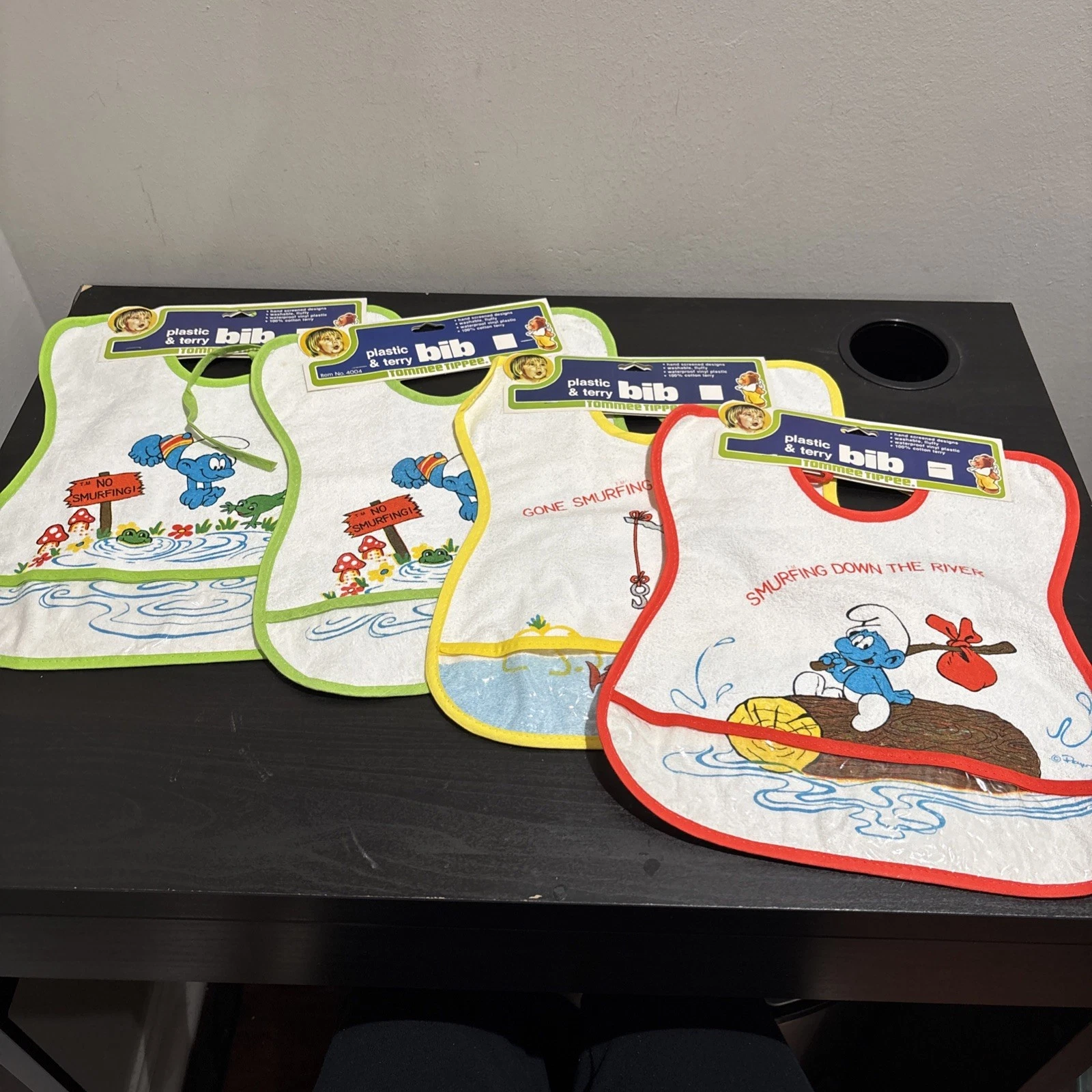 Vintage Plastic & Terry Bib Baby New Old Stock Tommee Tippee Smurf Lot Of 4 READ