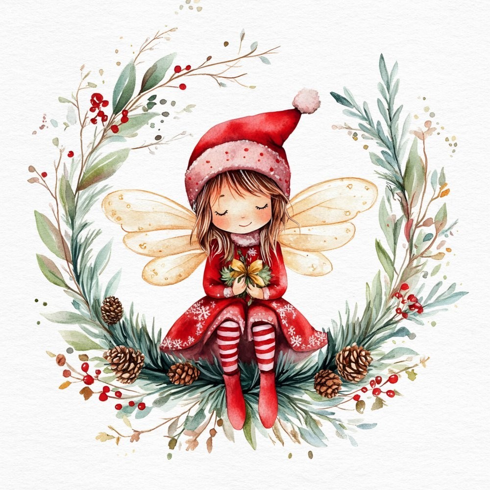 4 x Paper Napkins/33cm/3Ply/Decoupage/Christmas/Little Fairy in Foliage Wreath