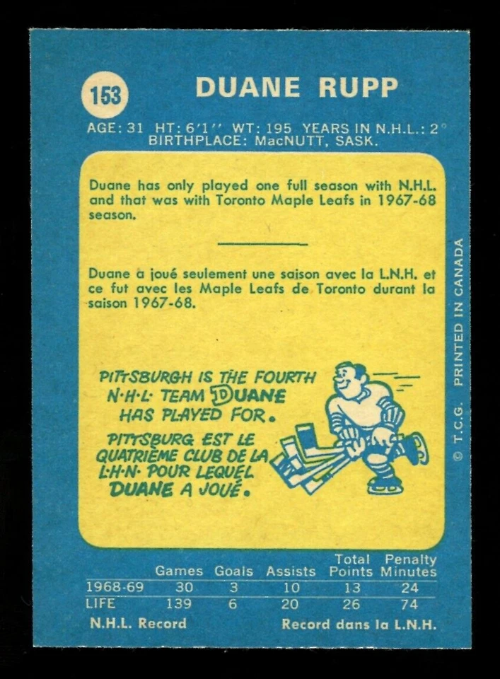 1969-70 OPC O PEE CHEE Hockey #153 Duane Rupp EX-NM PITTSBURGH PENGUINS Card - Image 2 of 2