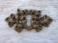 Old Antique Vintage Ornate Brass Keyhole Cover Plate Victorian Floral Leaves