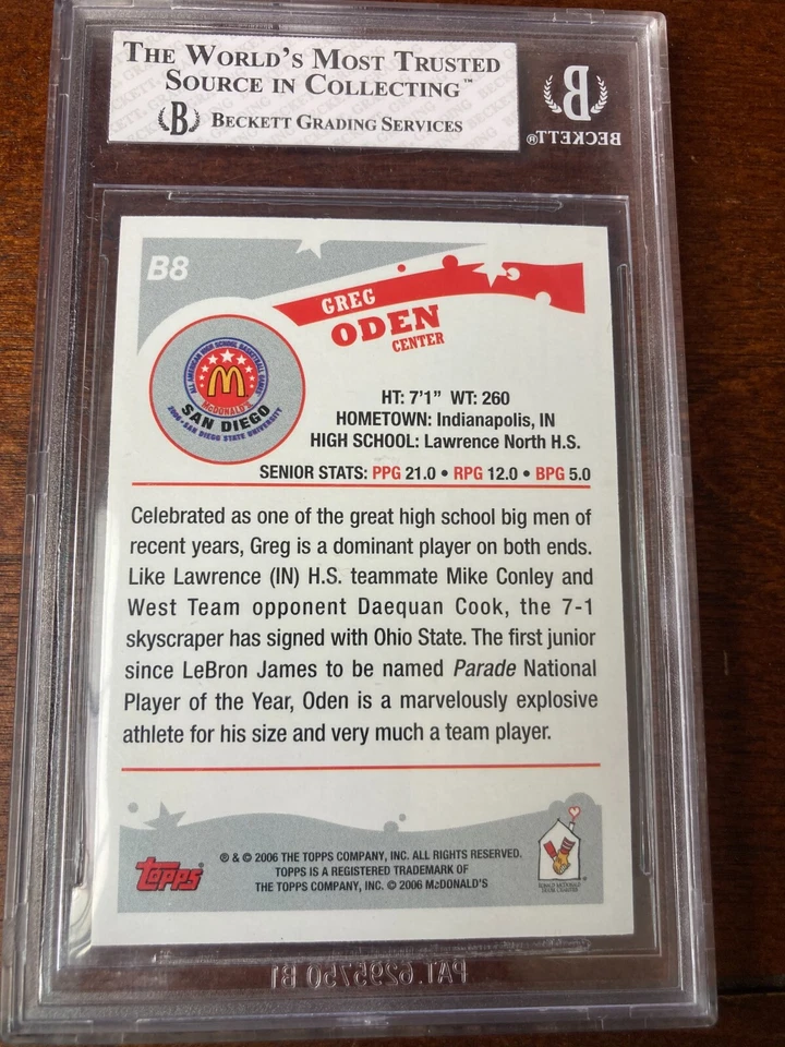 Topps McDonalds Greg Oden 2006 RC BGS 8 novato Foto 2 de 2