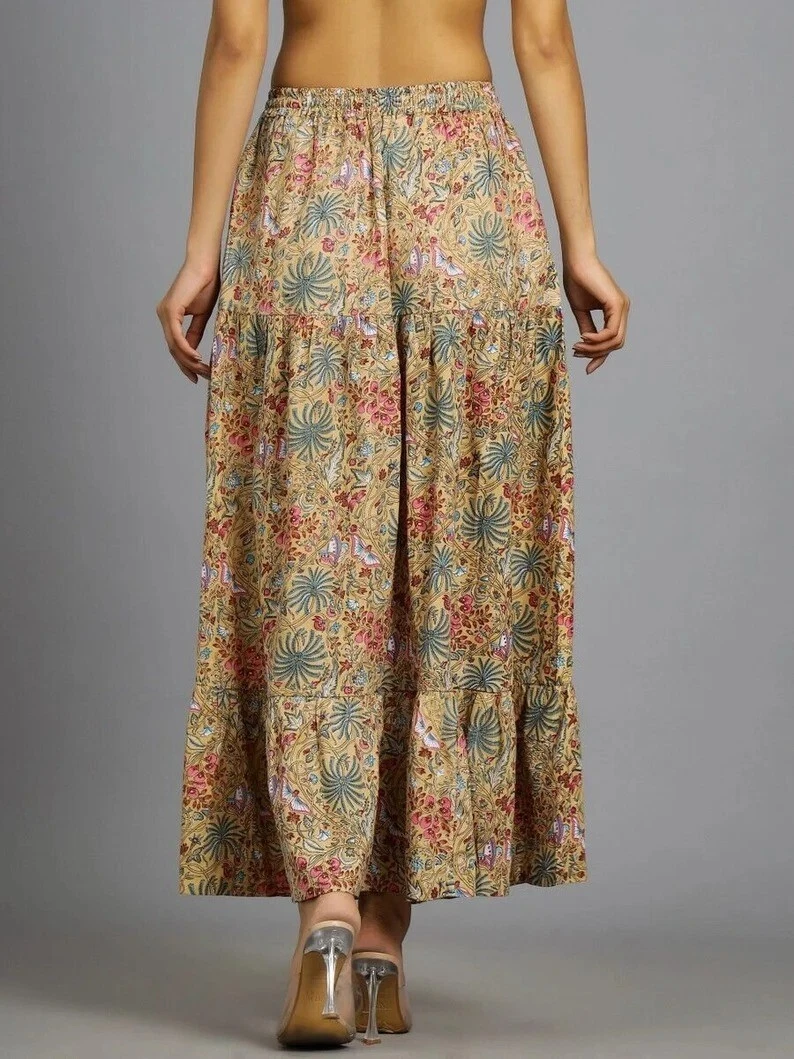 Indian Beige Floral Long Frill Skirts 100%Cotton Skirt Women's Clothing skirt US