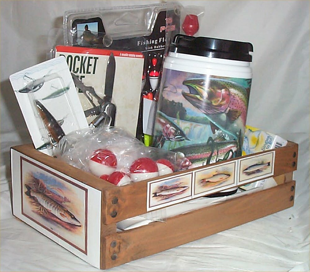 Fishing Wood Crate Gift Basket Lures Fire Thermal Mug Hook Ect 2 eBay
