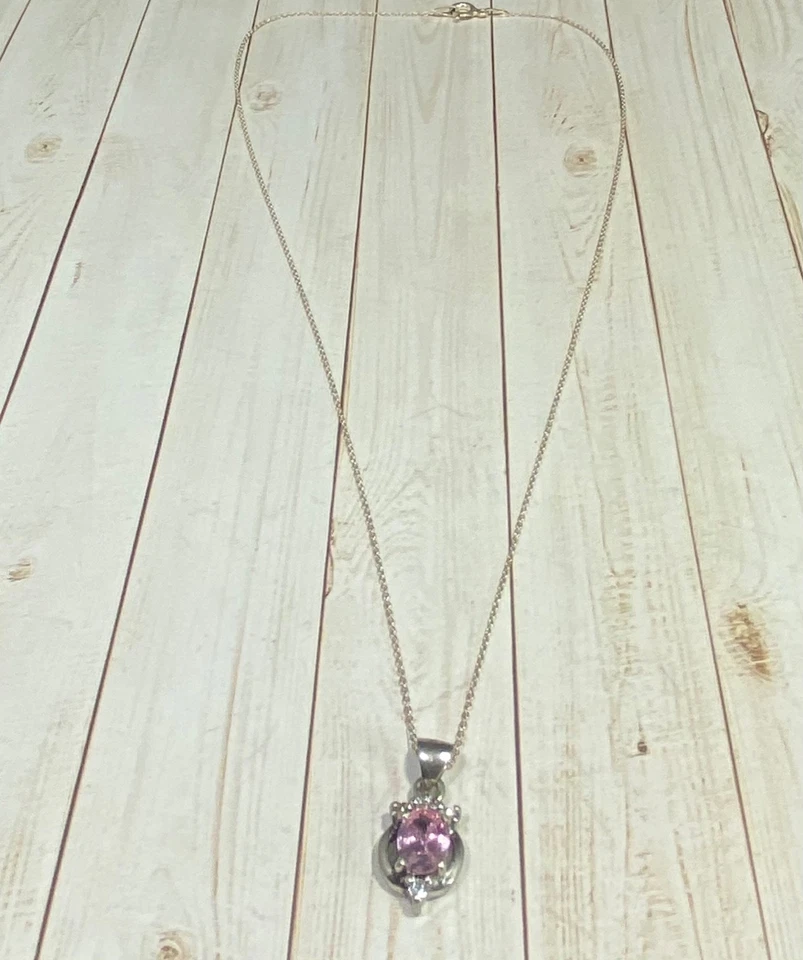 Collar de cadena de plata de ley 925 con colgante de piedra transparente de turmalina rosa 18 1/4 Foto 2 de 4