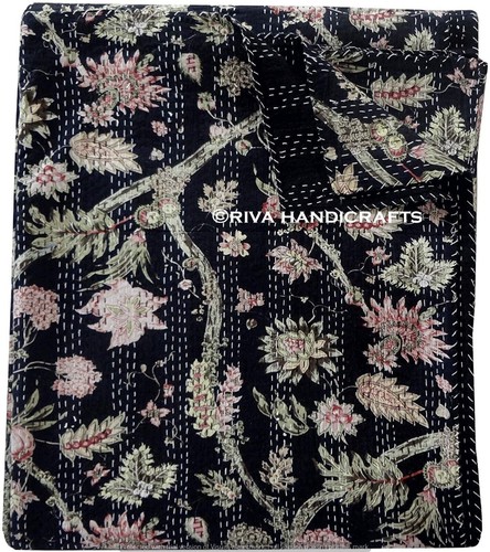 Indien Reina Floral Pantalla Estampado Negro Algodón Colcha Cama Kantha Ropa de - Imagen 2 de 6