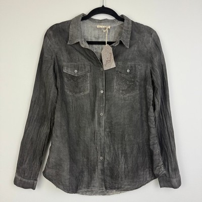 NWT Hem & Thread Long Sleeve Button-Up Floral Lace Crinkle Grey Wash Shirt Large