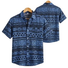 Mens Blue Black Tribal Hawaiian Shirt Geometric Pattern Print