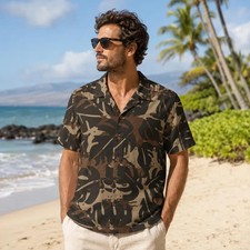 Unisex Camo Leaf Print Hawaiian Shirt, Brown Khaki Tropical  Button Up