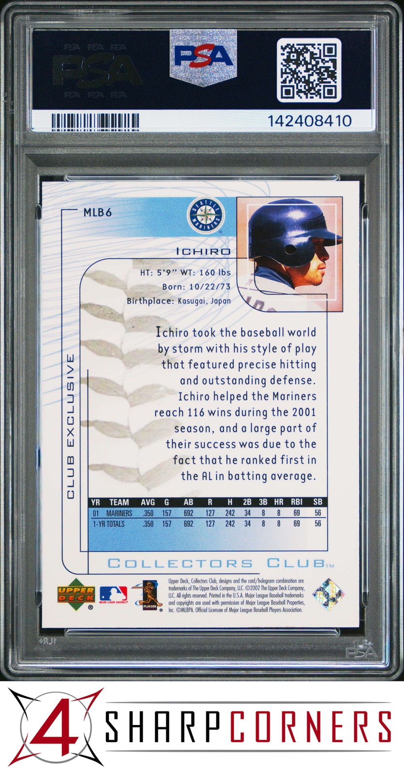 2002 UPPER DECK COLLECTOR'S CLUB #MLB6 ICHIRO SUZUKI HOF POP 4 PSA 9 view 2