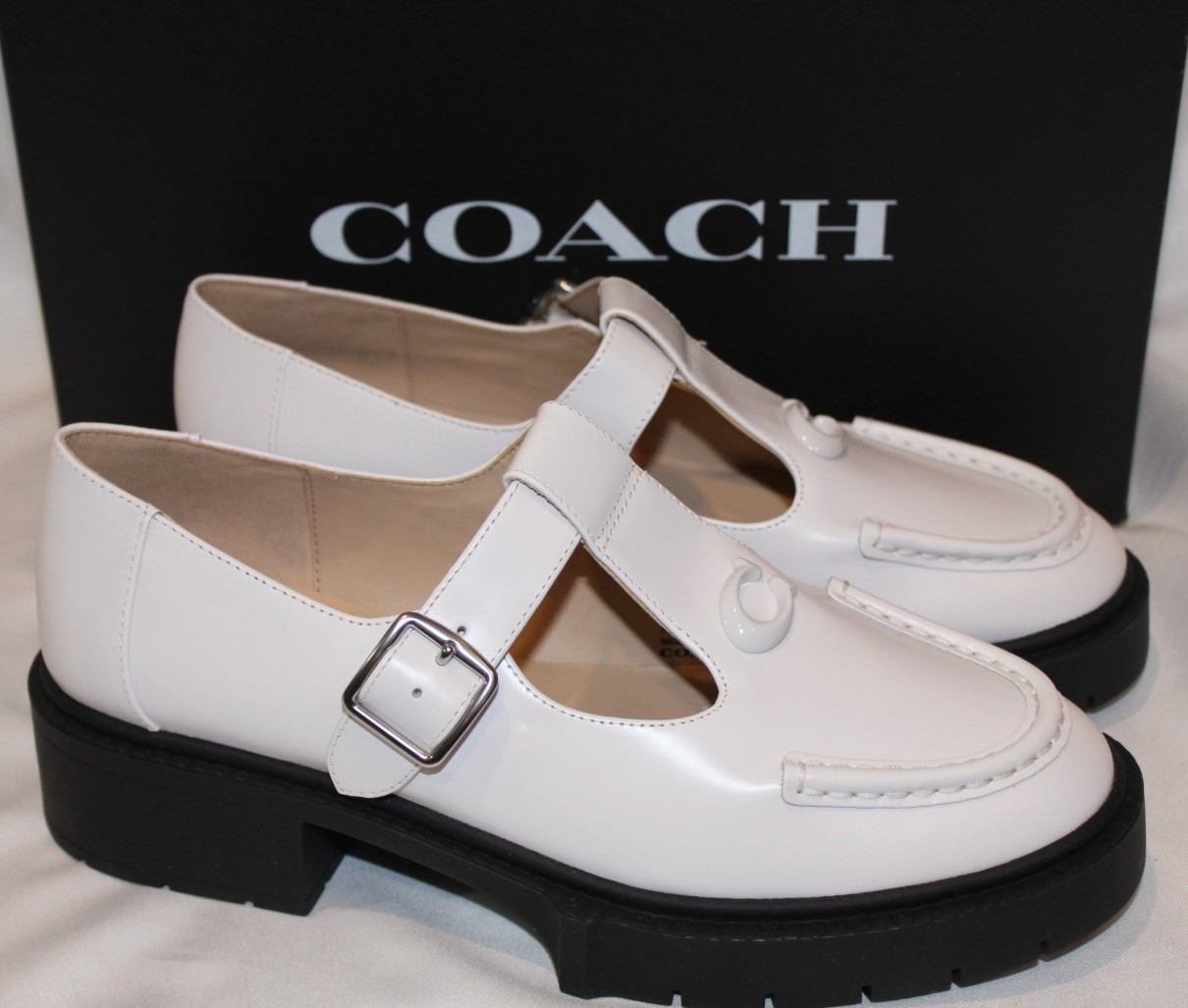 Coach Women's Logo Patent Leather Mary Jane Platform Shoes White Sz 7.5 $195