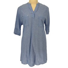 Anne Klein Shift Dress Blue Linen Blend Split Neck Pockets 14