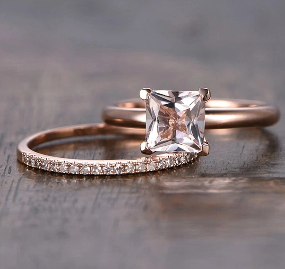 Princess Cut Simulated Peach Morganite Bridal Band Ring In 14k Rose Gold Plated - Image 2 of 4