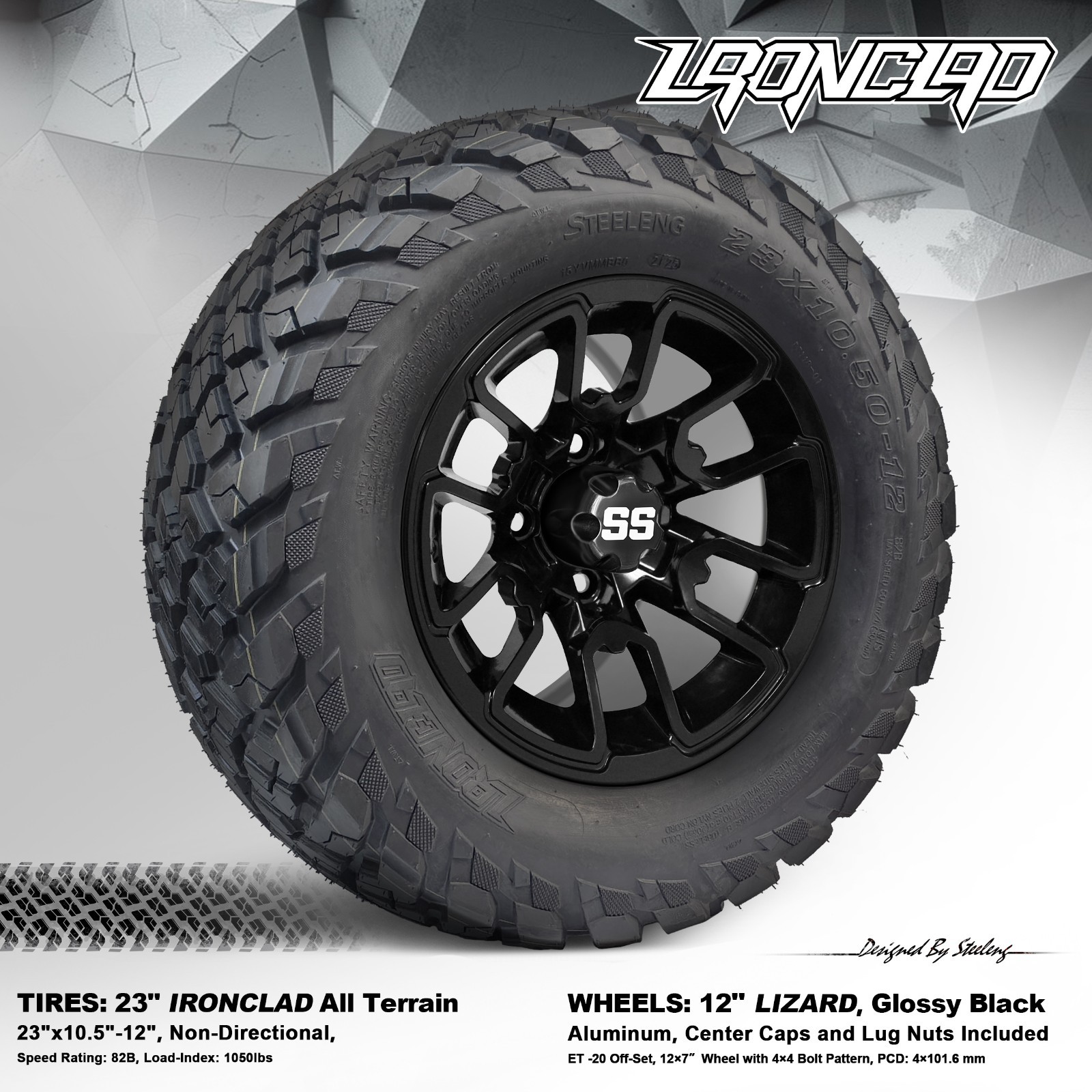 Cart 12" Black Lizard Wheels And 23x10.5-12 Ironclad All-ter