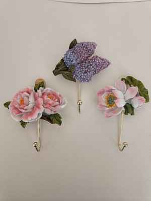 Brandneu mit Etikett 3er Set Blumen Wandhaken Pfingstrose Flieder Lotus Shabby Chic Gold Metall Harz A