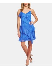 CECE Womens Blue Ruffled Spaghetti Strap V Neck Mini Shift Dress M