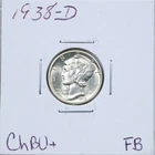 1938-D 10C Mercury Winged Liberty Silver Dime in Choice BU+ Condition FB #6310