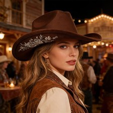 Women's Embroidered Cowboy Hat Floral Decor Western Sun Hat for Party Daily Wear