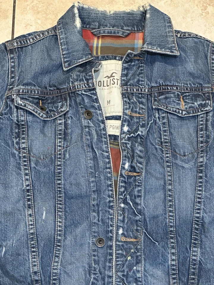 Chaqueta de Camionero Hollister Forrada a Cuadros Denim Talla Mediana Envejecida Falta Botón Foto 2 de 4