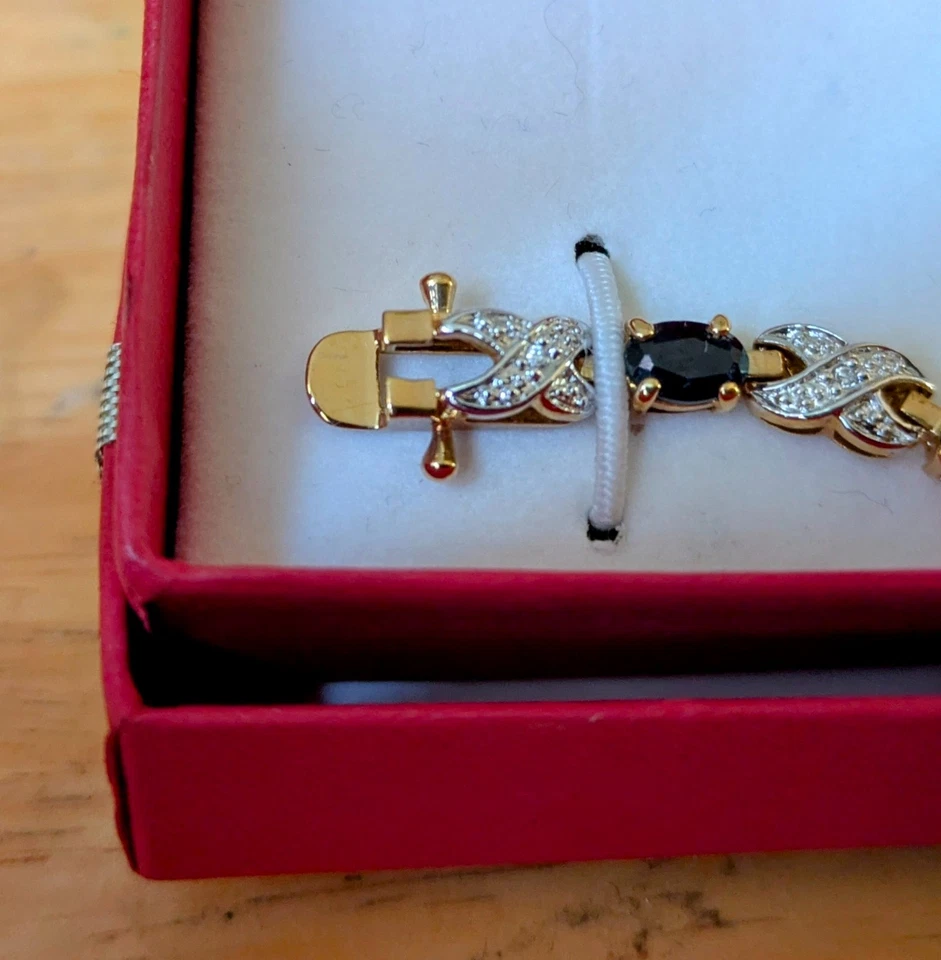 Genuine Dark Sapphire & CZ Tennis Bracelet & Earrings Set | Gold Plated 2 tone - Image 3 of 4