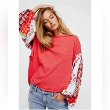 Free People We The Free Blossom Thermal Top Size XS Red Hippie Boho Oversized
