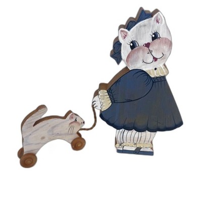 Hand Painted Wooden Collectible VTG Cat Pulling Kitten on Wheels Folk Art Toy