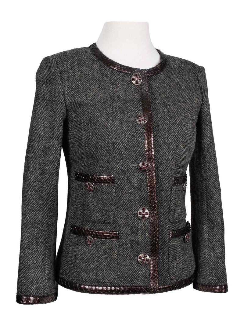 Chanel PYTHON TRIM HERRINGBONE JACKET Brown Green… - image 1