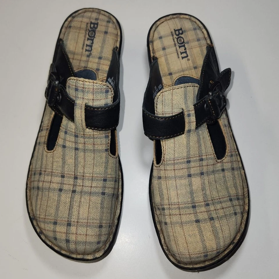 Zuecos cómodos Born Della de cuero a cuadros mulas bohemio hippie boho Y2K talla 8 Foto 3 de 4