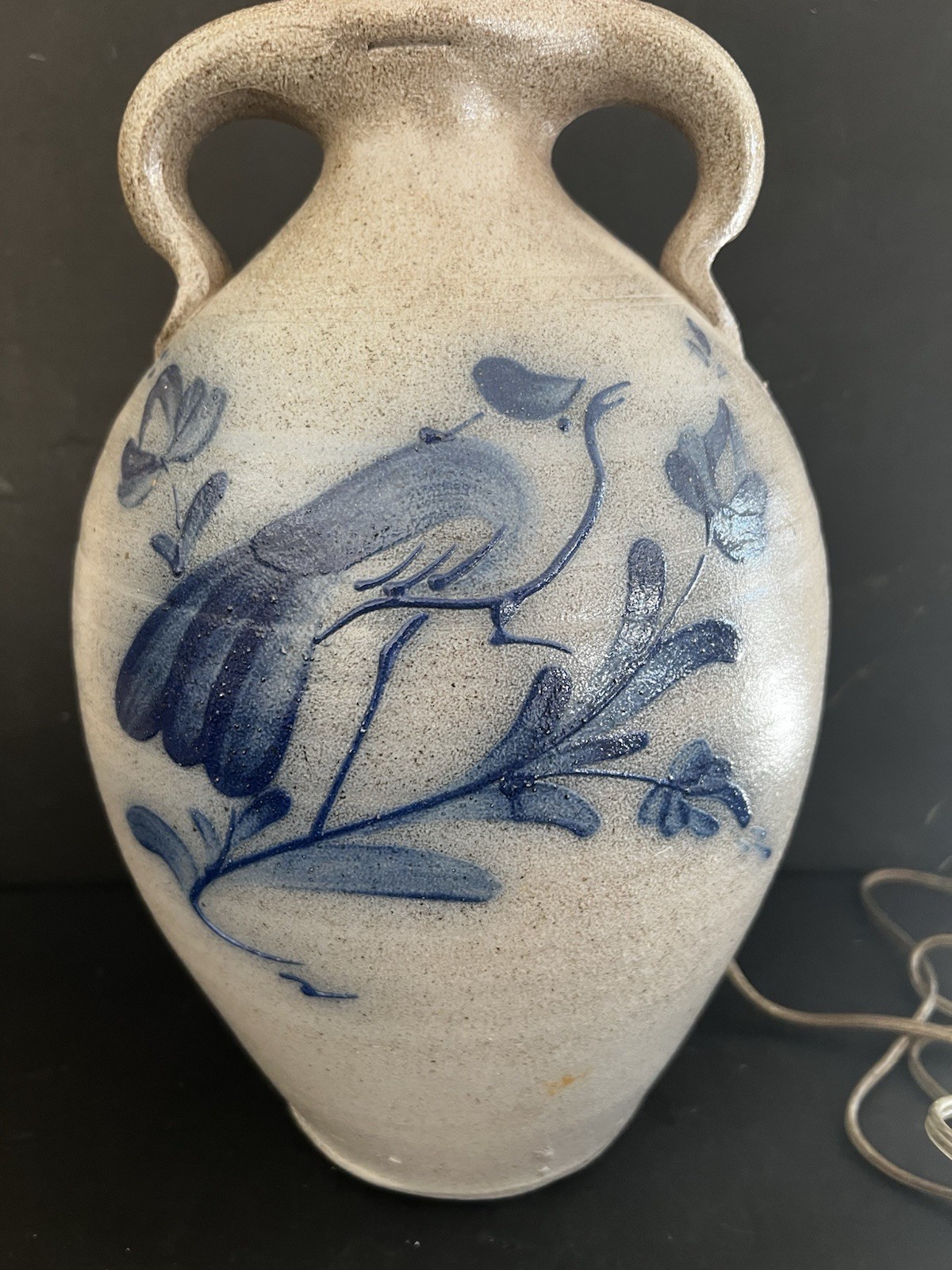 Vtg Ethan Allen Lamp Rowe Pottery Jug Salt Glaze Stoneware Blue Bird  Folk Art