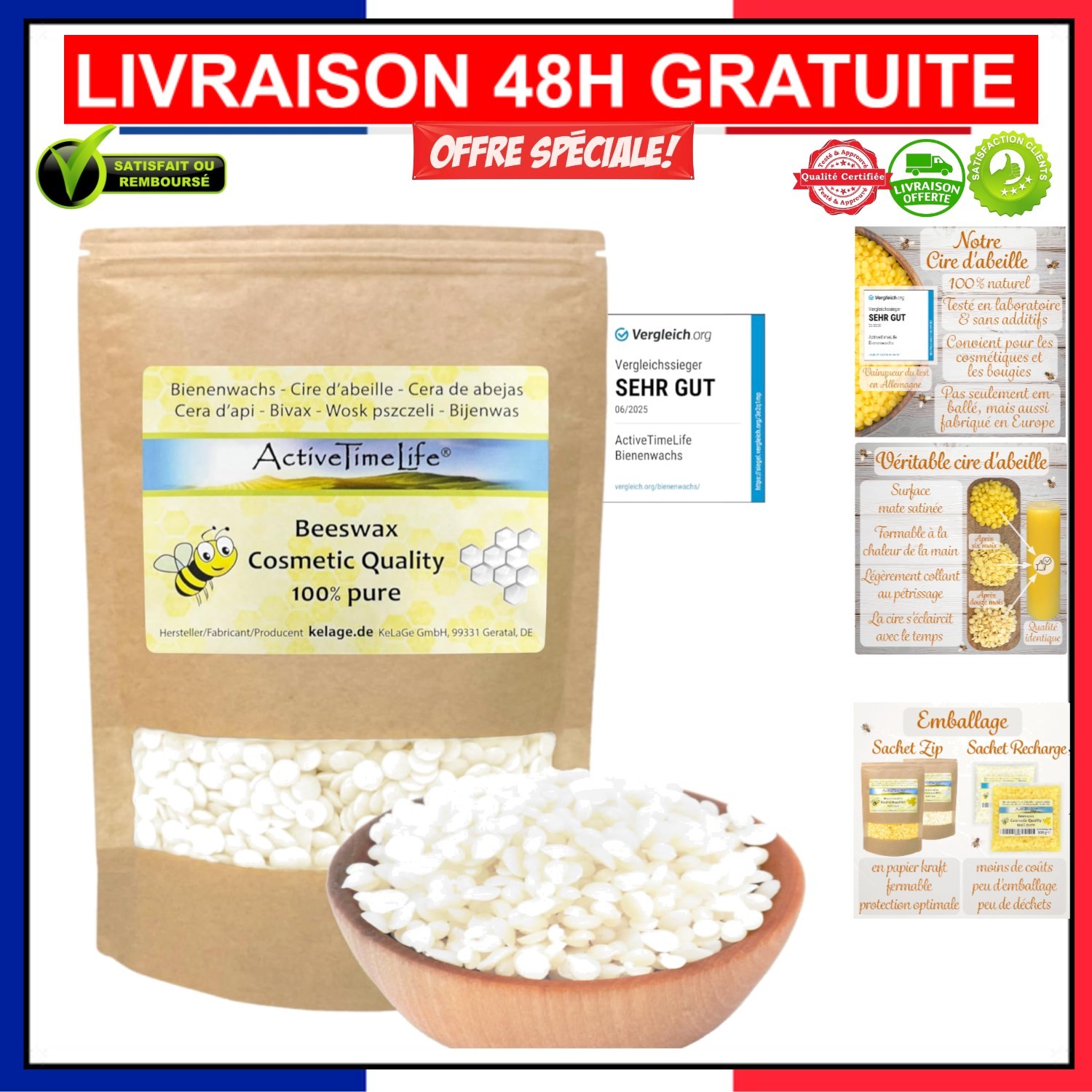 Cire d'Abeille 200g Pure Ingrédient Cosmétiques Artisanaux en Pépites