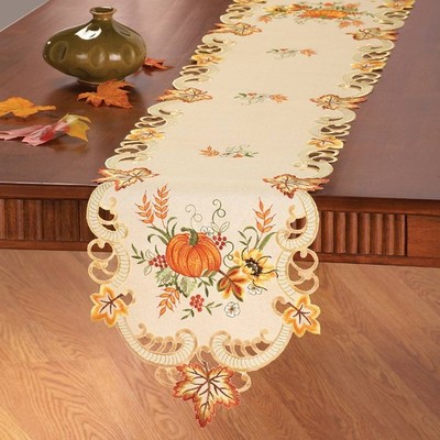 Bestickt Erntedank Ernte Kürbis Polyester Tischläufer Herbst Deko 66x13