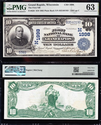 Amazing *RARE* CHOICE UNC 1902 $10 GRAND RAPIDS, WI National! PMG 63! TC153