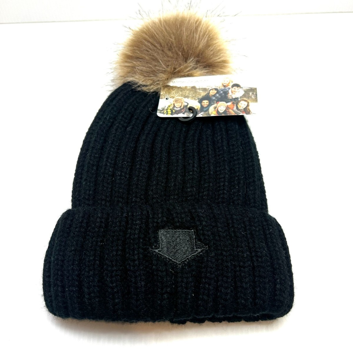 Black Knit Pom Pom Beanie HatWarm Winter Brown Faux Fur Pom  display picture 2