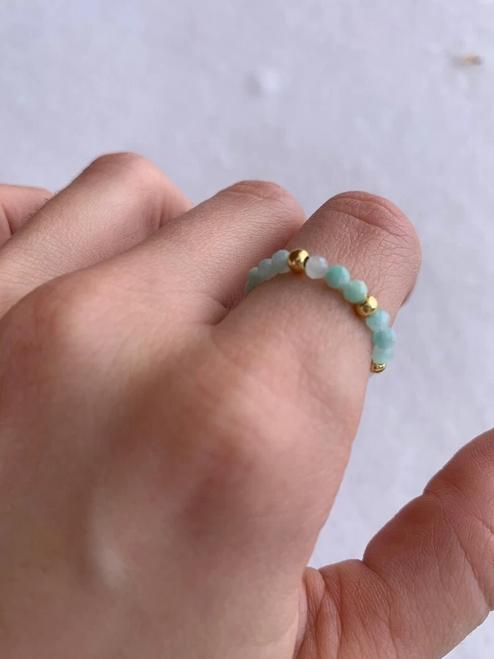Anillos ajustables con cuentas redondas facetadas de amazonita natural para niñas mujeres Foto 3 de 4