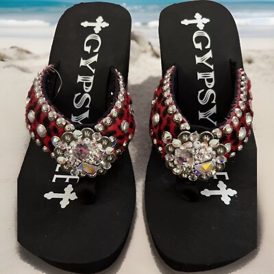 Gypsy soule sandal flip flop BEDAZZLE sz 7m Red Leopard New
