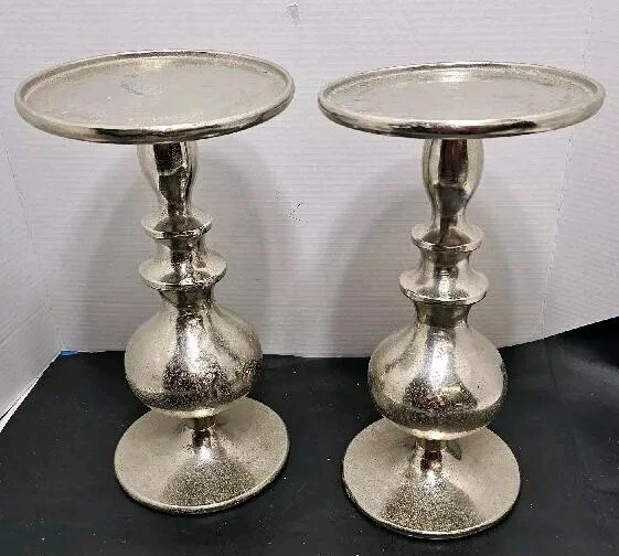 Set of 2 ~ Silver Raw Nickel Pillar Candle Holders 13.5" Vintage - Image 2 of 4