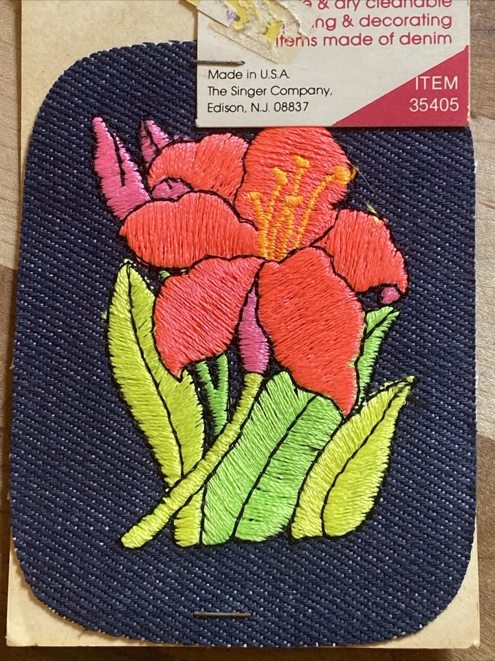 Vintage Singer Designer Embroidered Iron-On Denim Patch Neon Flower - Image 3 of 4