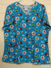 woman SCRUBSTAR MEDICAL SCRUB BLOUSE TOP Sz LARGE Smiling Blue Love Bug Ladybug