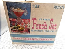 Anchor Hocking  Punch Bowl Set Thick Glass  Star of David Early American Prescut