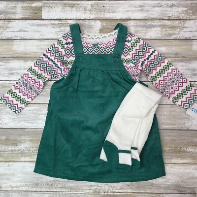 Carter's girl 12m 3 piece set corduroy dress footed tights cute kelly green