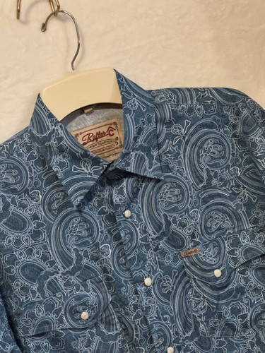 Rafter C Western Hemd Herren Größe XL Pro Flex Pearl Button Snaps Blau Paisley