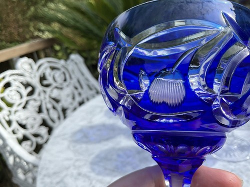 RARE 8” SET 6 LAUSITZER CRYSTAL Cobalt Blue Cut 2 Clear INTAGLIO Hock Wine Glass - Picture 13 of 14