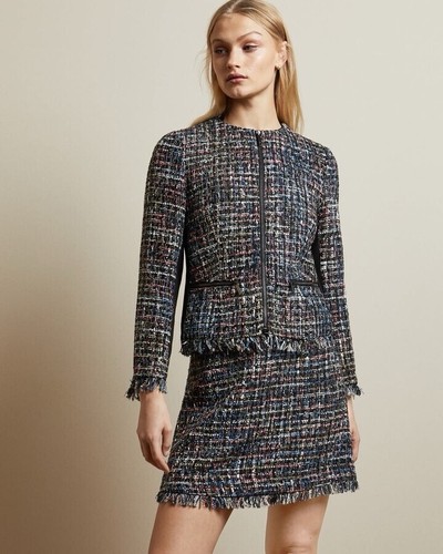 Ted Baker Frayed Metallic Boucle Tweed Fringe Suit Jacket Size 4 US 10-12 UK 14 - Picture 3 of 10