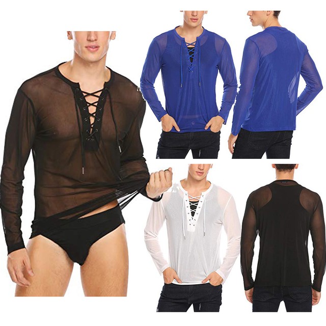Sexy Men's Mesh See Through Long Sleeves Tshirt Underwear Club Wear