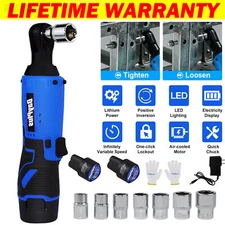 Electric Cordless Ratchet Wrench Gun 90° Right Angle 3/8'' 2x Battery & Charger