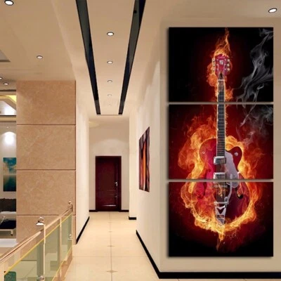 Abstract Flaming Guitar Music Instrument 3 Pcs Canvas Print Wall Art Home Decor - Image 1 of 4