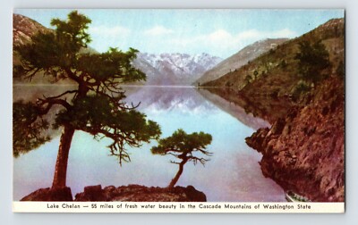Postcard Washington Lake Chelan WA Cascade Mountains 1940s Unposted Chrome